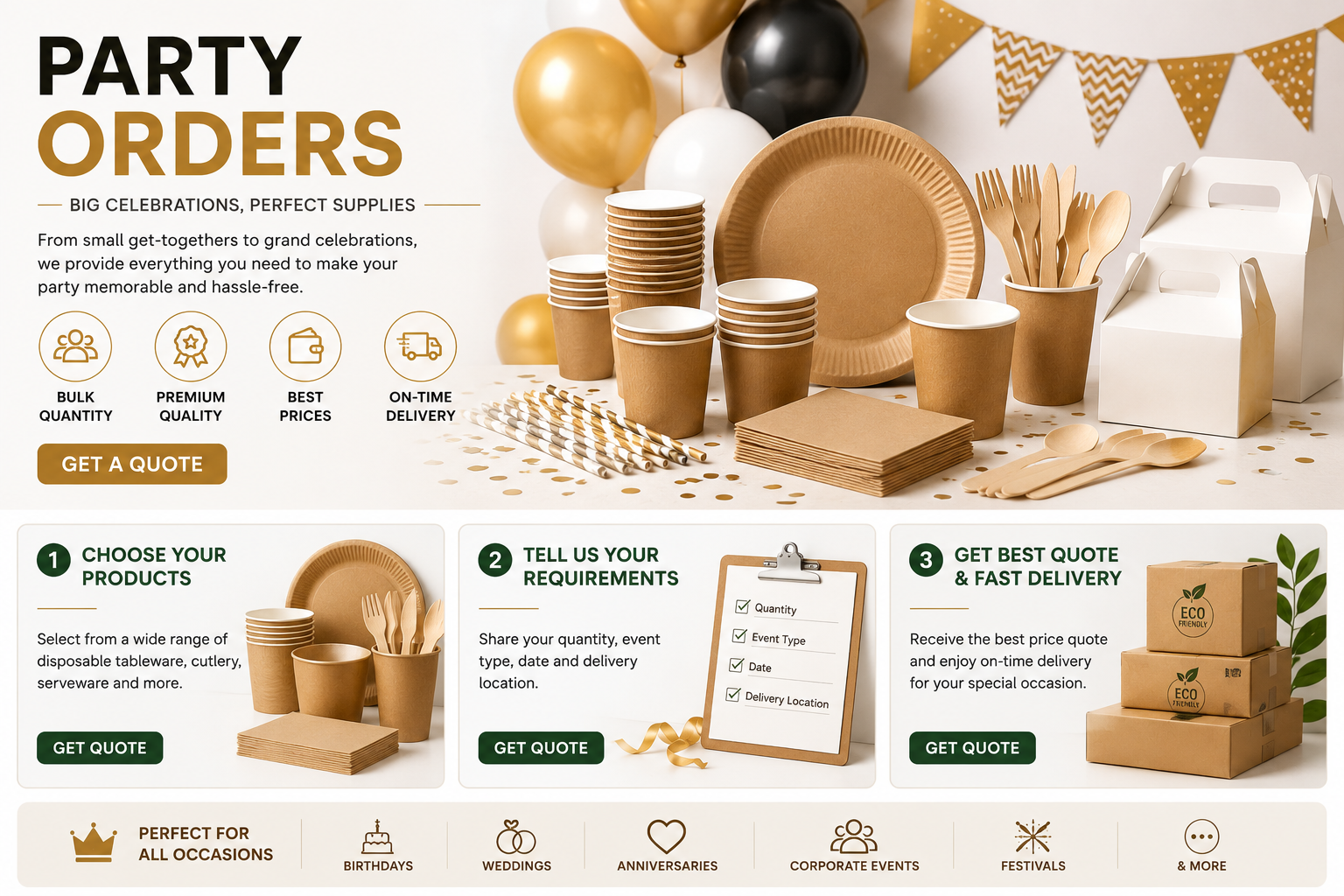 Party disposables — plates, cups, cutlery and packaging for celebrations